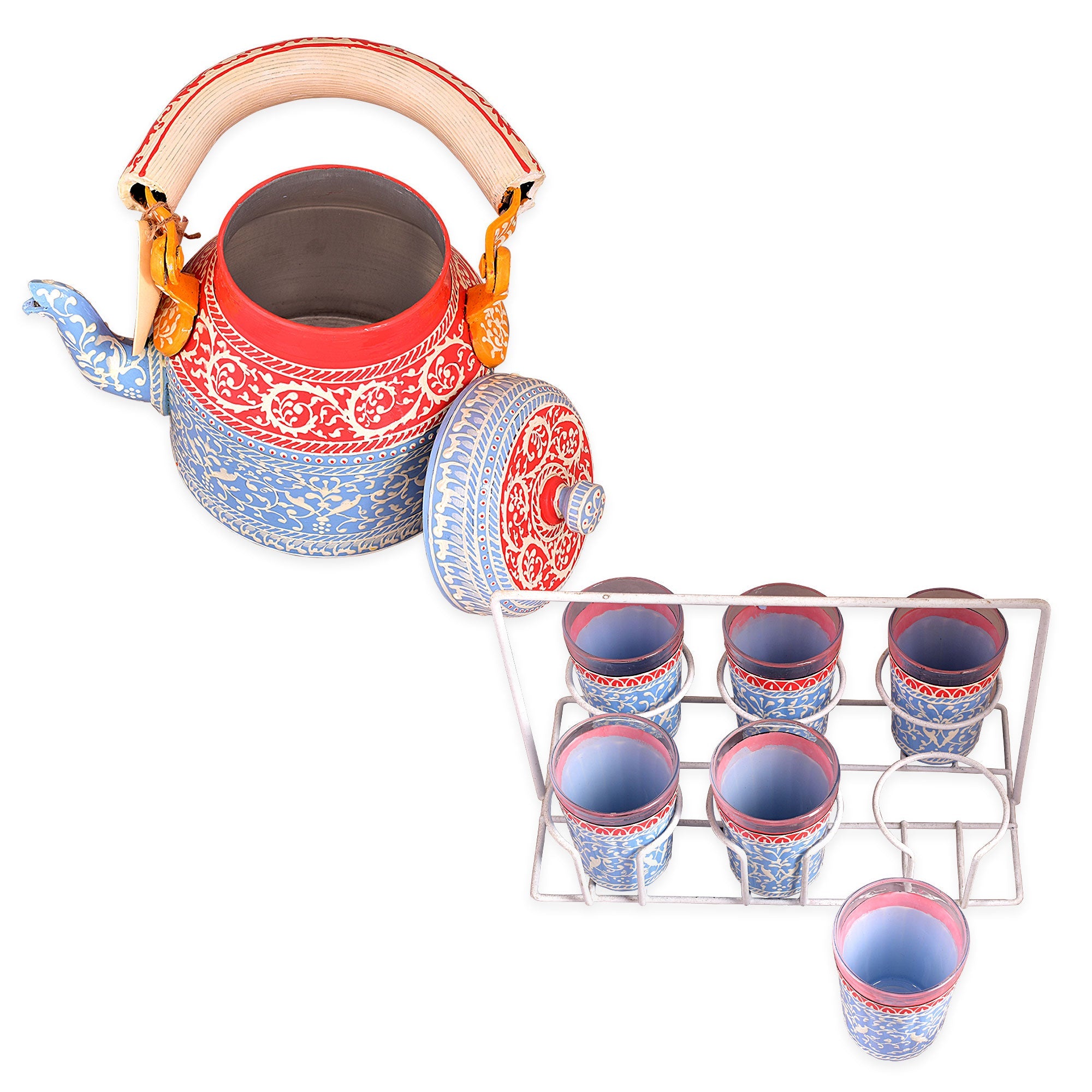 Hand Painted Tea Kettle with six glasses and stand: Sky Red