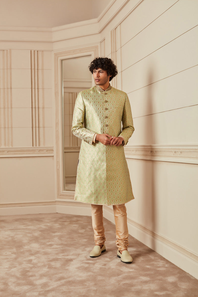 Light Green All Over Embroidered Sherwani With Zardozi Collar & Buttons