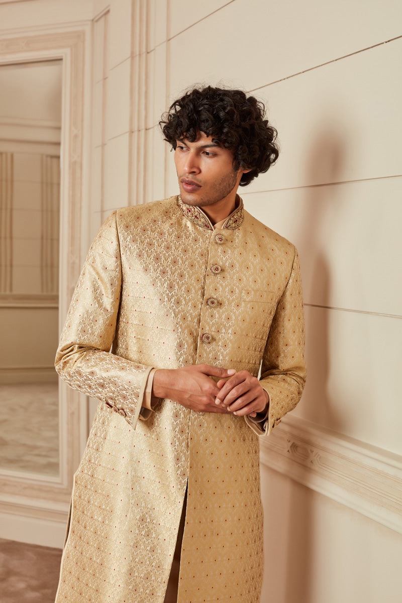 Beige Gold Embroidered Sherwani