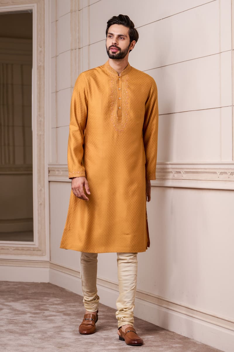 Mustard Self-Textured Kurta Set