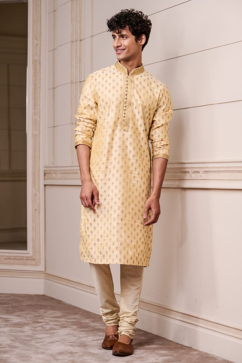 Gold Jacquard Kurta Set with Top Stich Details