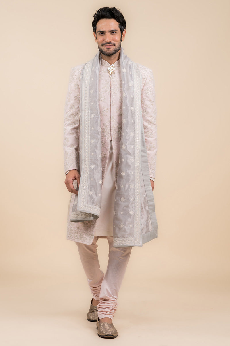 Embroidered Sherwani In Pearl Highlights