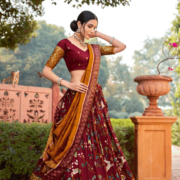 Tussar Silk Lehenga Choli With Foil Print And Meenakari Work