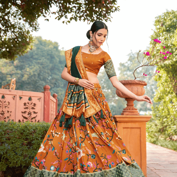 Tussar Silk Lehenga Choli With Foil Print And Meenakari Work