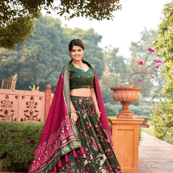 Tussar Silk Lehenga Choli With Foil Print And Meenakari Work