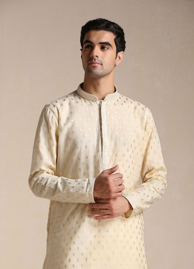 Manyawar Biscuit Beige Jacquard Patterned Kurta Set