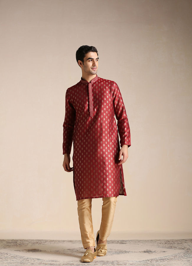 Manyawar Pomegranate Red Jacquard Patterned Kurta Set