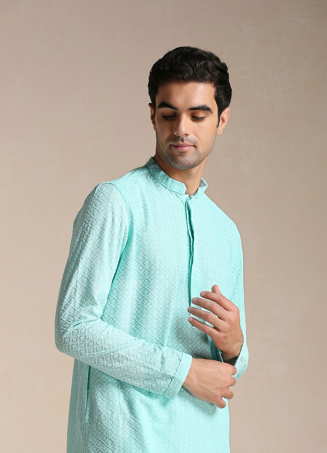 Manyawar Aquamarine Blue Chikankari Kurta Set - India shopping