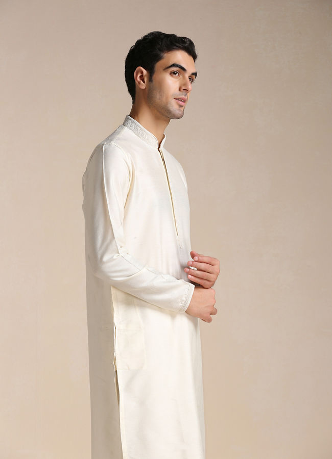 Manyawar Pearl White Embroidered Neck Kurta Set - India shopping