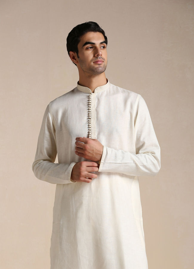 Manyawar Cream White Patterned Placket Kurta Set