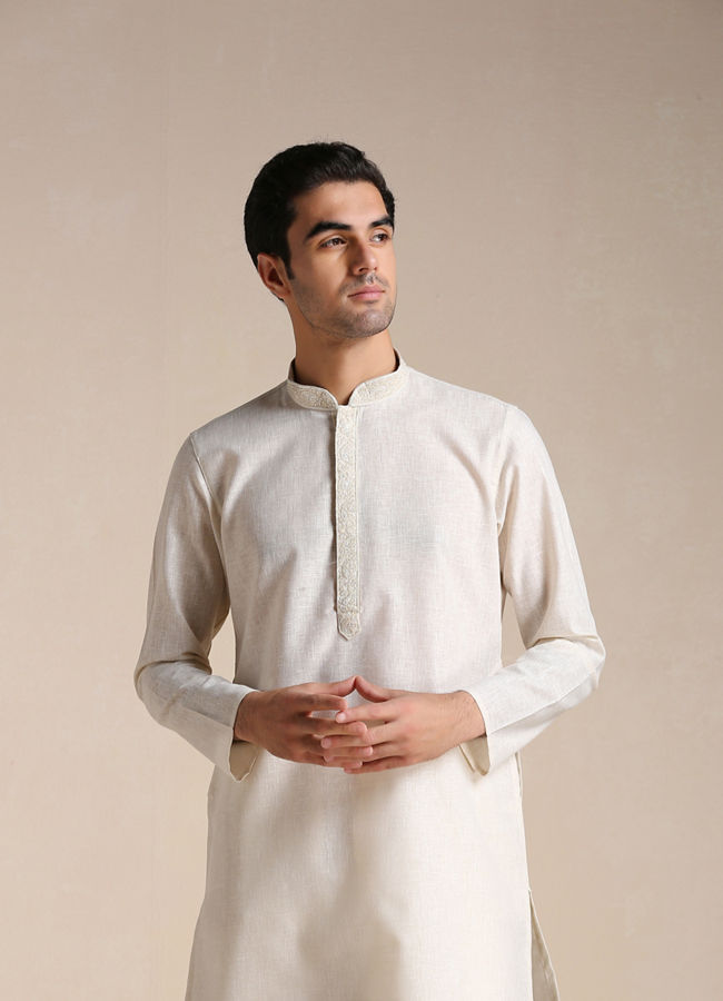 Manyawar Cream Kurta Pajama With Collar & Placket Embroidery