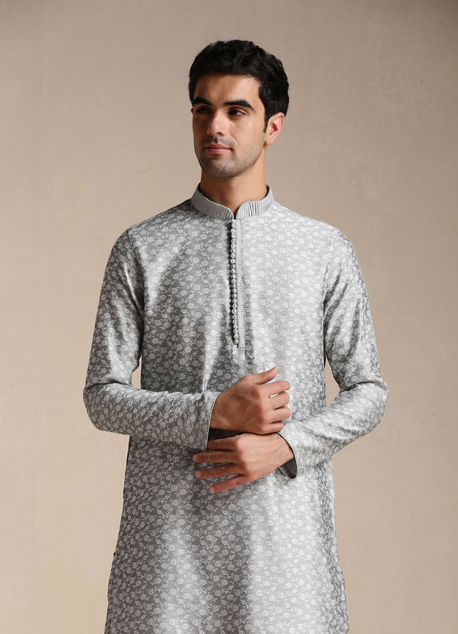 Manyawar Silver Grey Jacquard Patterned Kurta Set