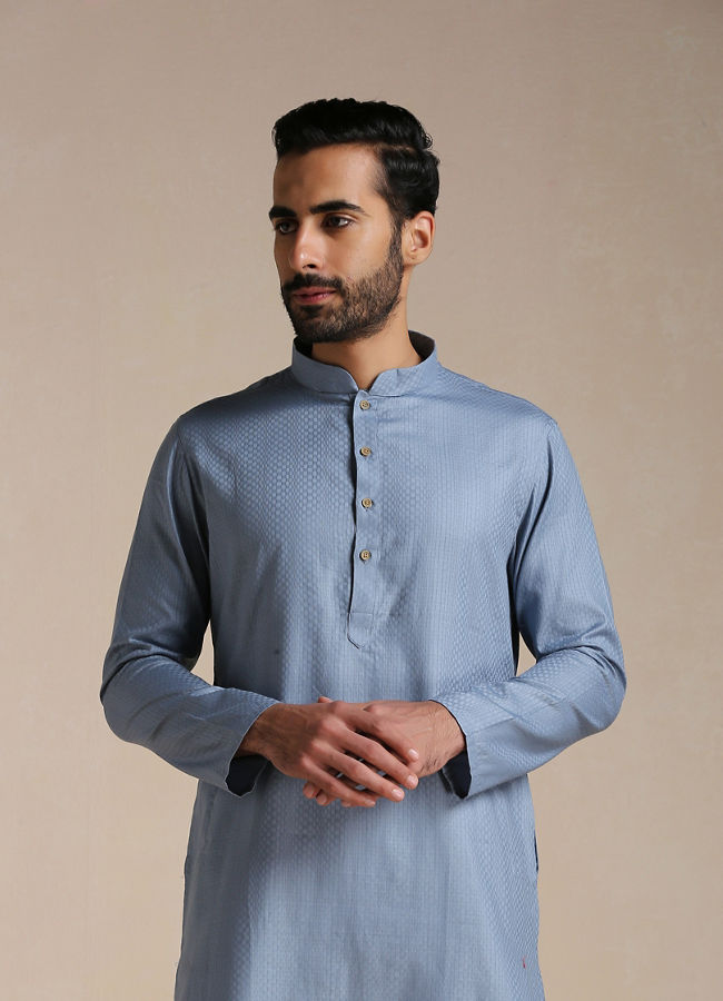 Manyawar Dusty Blue Self Patterned Kurta Set