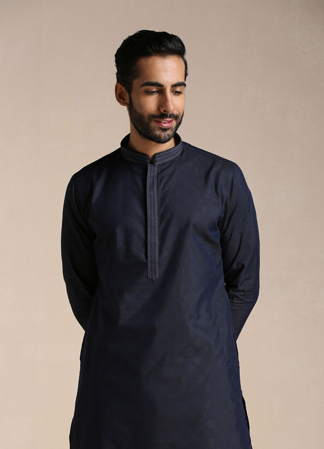 Manyawar Dark Indigo Dotted Patterned Kurta Set