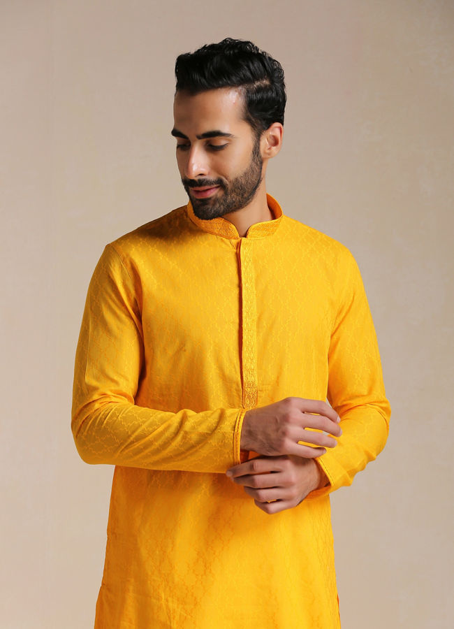 Manyawar Orange Cotton Kurta With Embroidered Collar