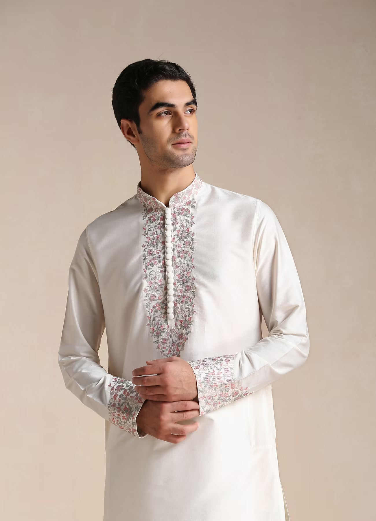 Manyavar Creamy White Embroidery Detailed Kurta Set | Ready To Wear