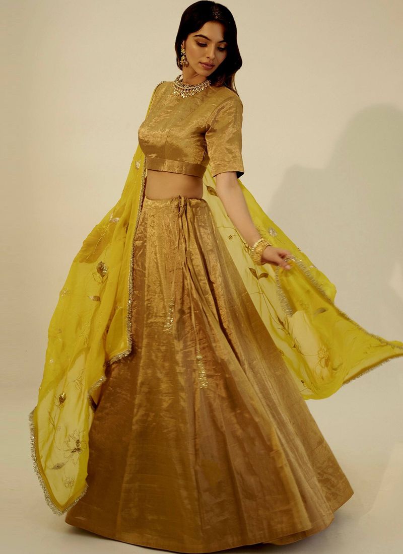 Golden Banarasi Zari Silk Lehenga Choli With Yellow Sequins | Ready To Wear