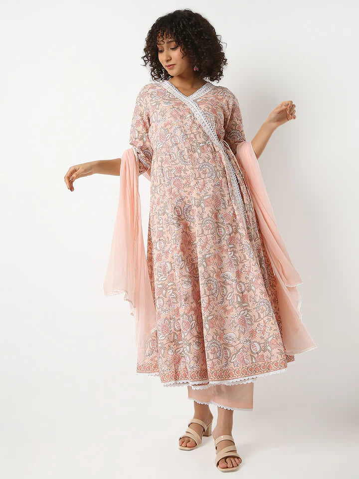 Flare Fit Printed V-Neck Sleeve Kurta and Pant With Dupatta Set | Ready To Wear