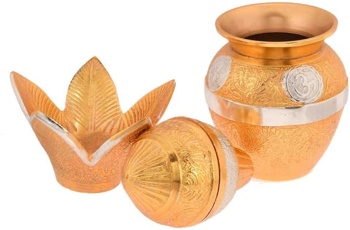 Brass Finish Designer Mangal Kalash with Mango Leaves and Coconut