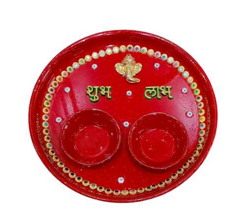 Decorative Red Cone Work Steel Ganesha Hand Painted Pooja Aarti Thali