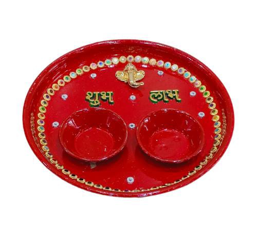 Decorative Red Cone Work Steel Ganesha Hand Painted Pooja Aarti Thali