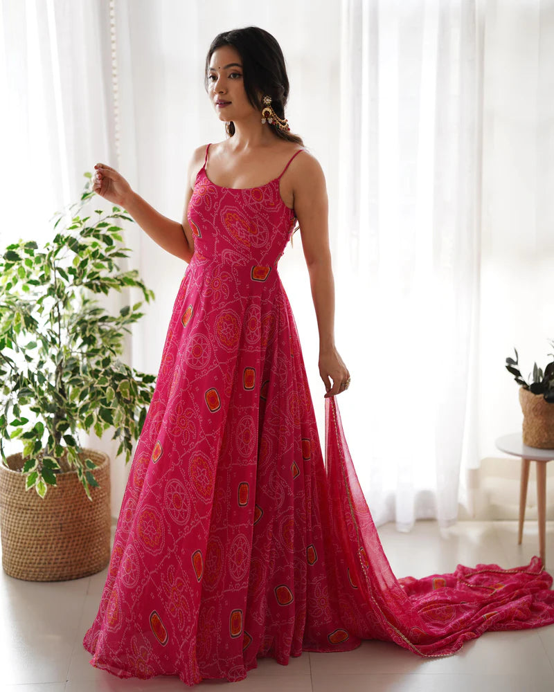 Pink Backless Dori Pattern Print Anarkali Gown | Ready To Wear