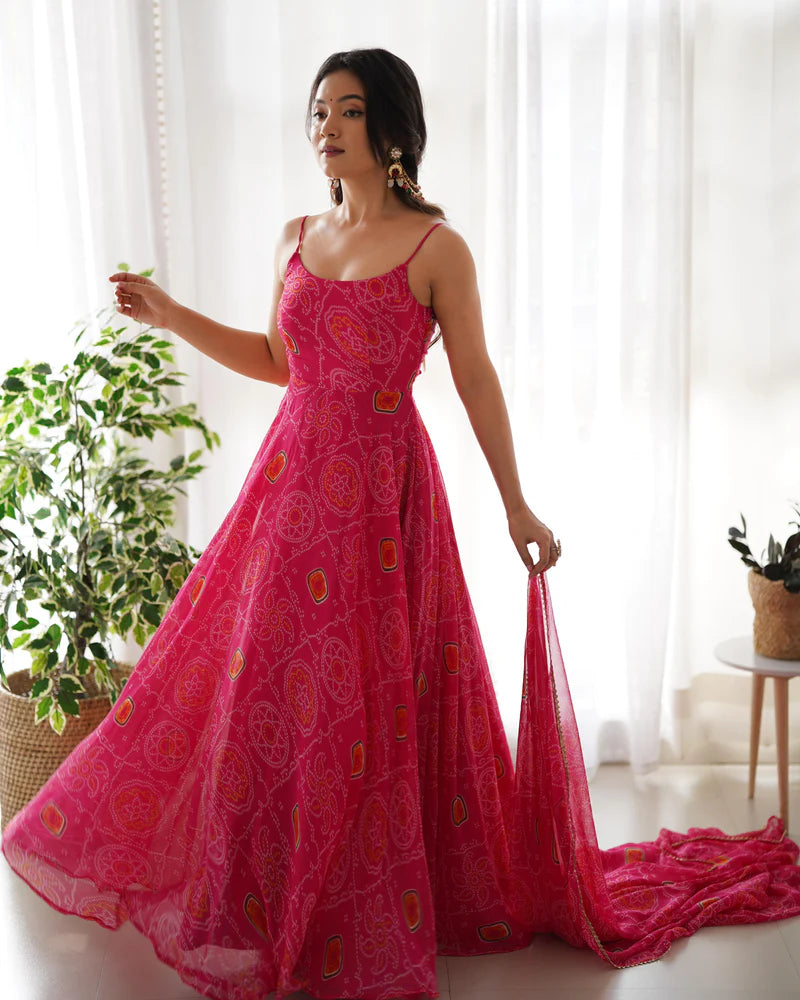 Pink Backless Dori Pattern Print Anarkali Gown | Ready To Wear