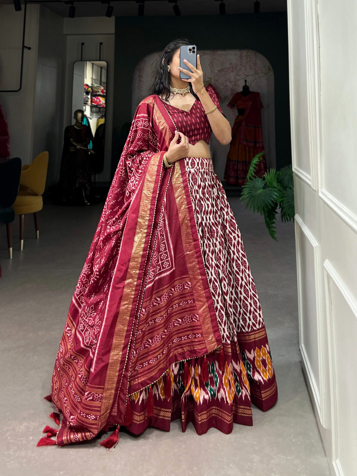 Tussar Silk Lehenga Choli with Ikkat Print And Foil Work