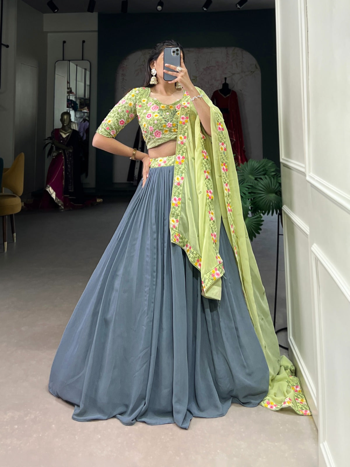 Gray and Pista Bridesmaid Attire With Sequins & Thread Embroidery Work Belt Lehenga Choli