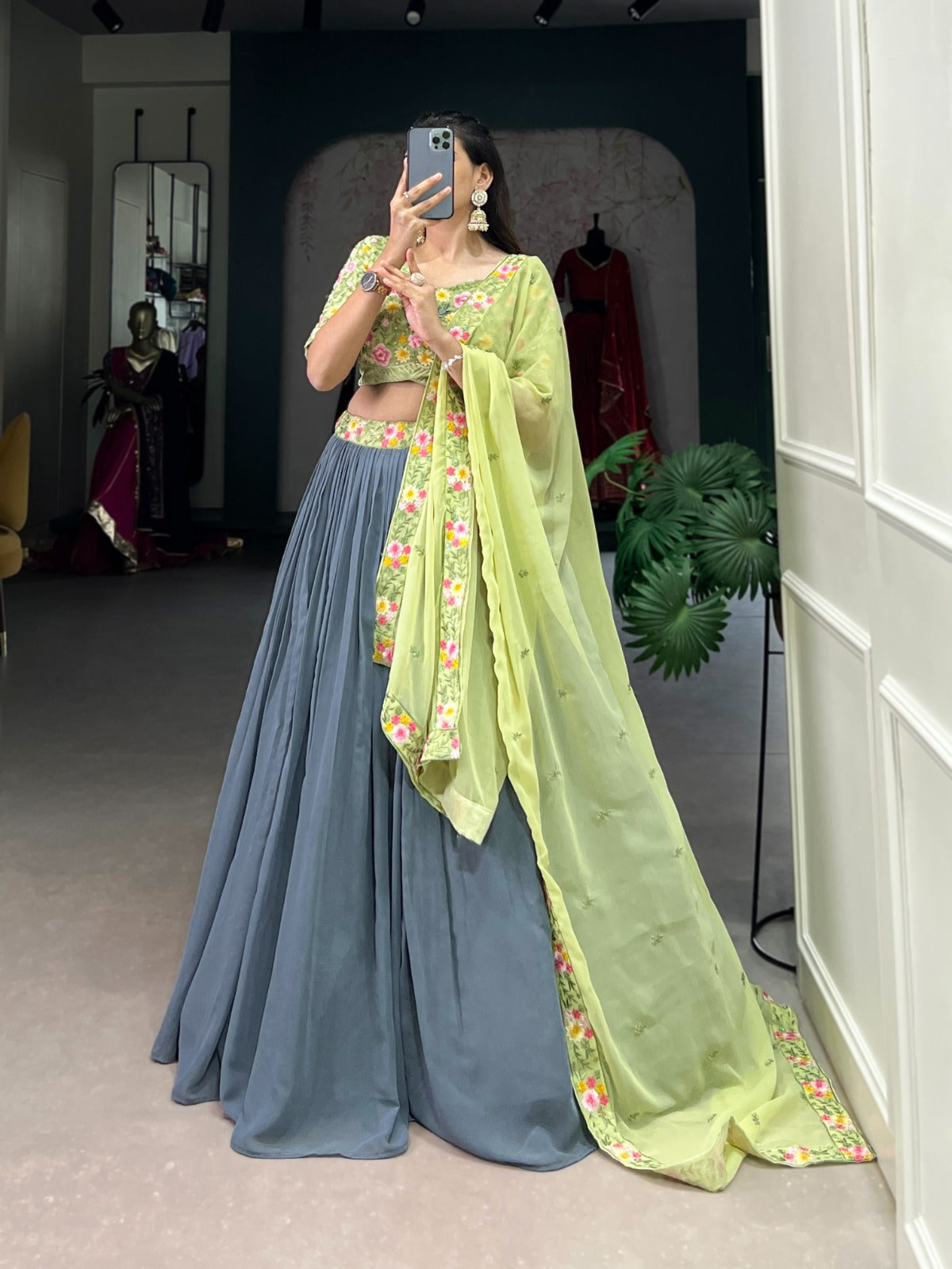 Gray and Pista Bridesmaid Attire With Sequins & Thread Embroidery Work Belt Lehenga Choli