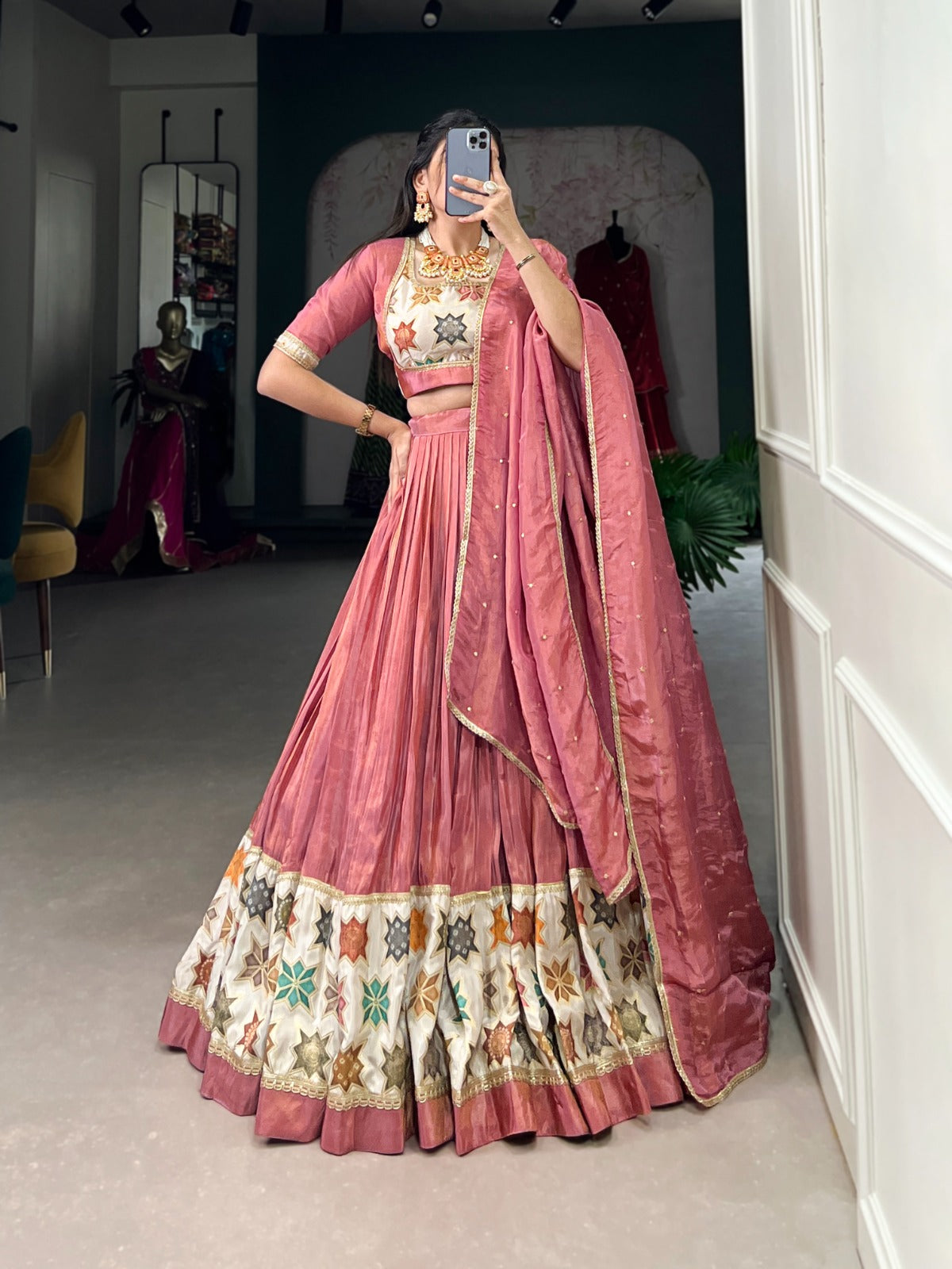 Shimmy Shimmer Plain And Printed With Lace Touch Up Lehenga Choli