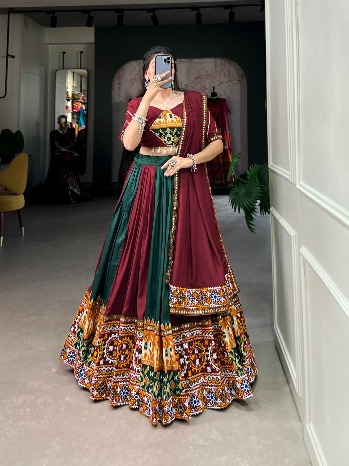 Plain & Printed With Gamthi Work And Original Mirror With Paper Mirror Work Lehenga Choli