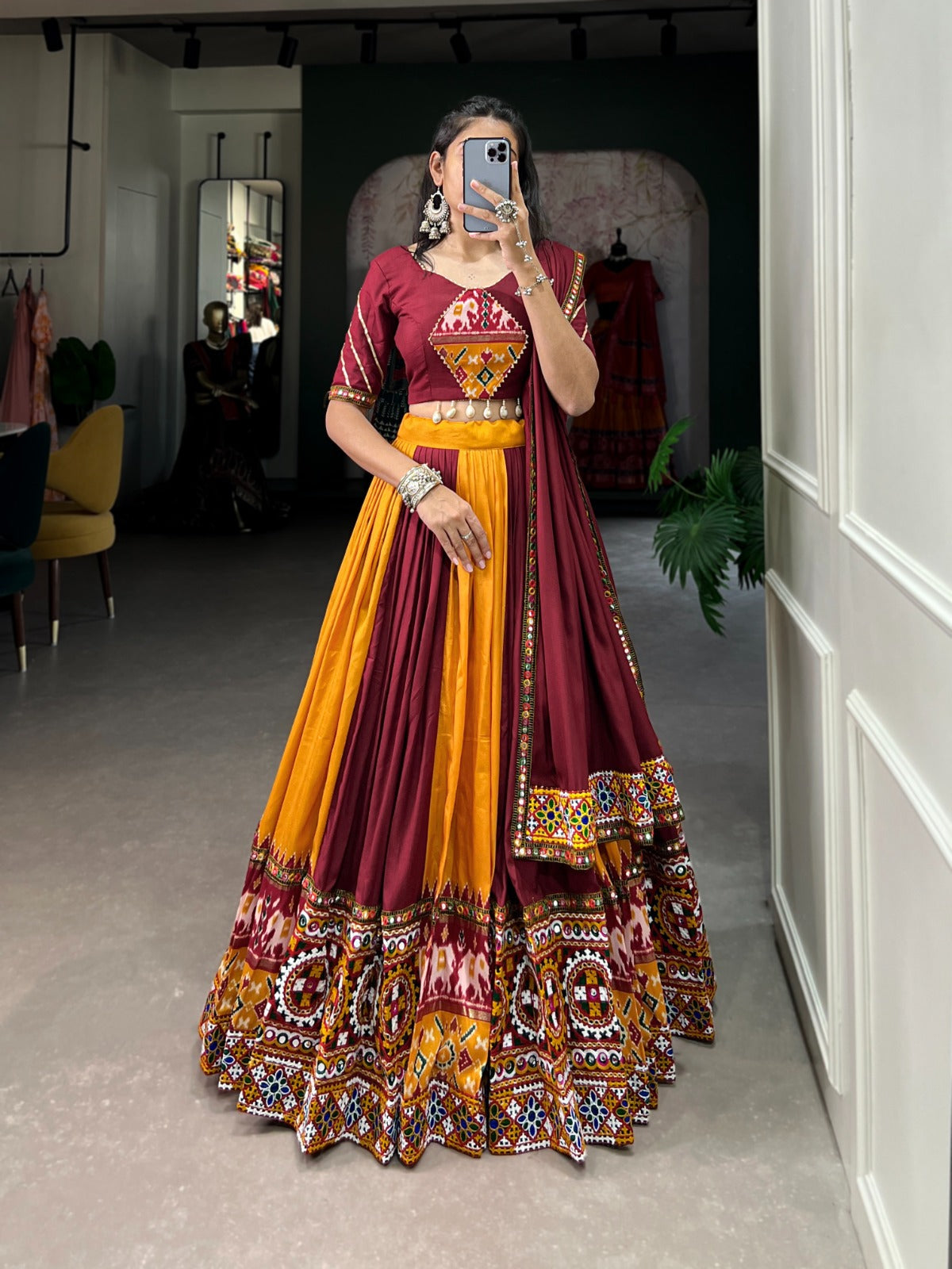 Plain & Printed With Gamthi Work And Original Mirror With Paper Mirror Work Lehenga Choli