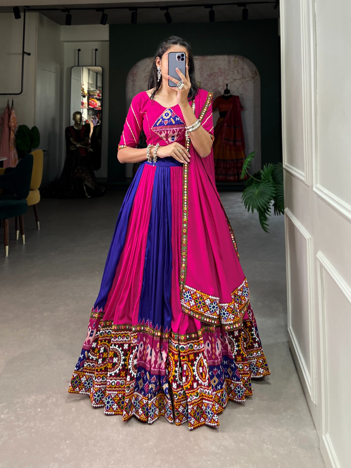 Plain & Printed With Gamthi Work And Original Mirror With Paper Mirror Work Lehenga Choli