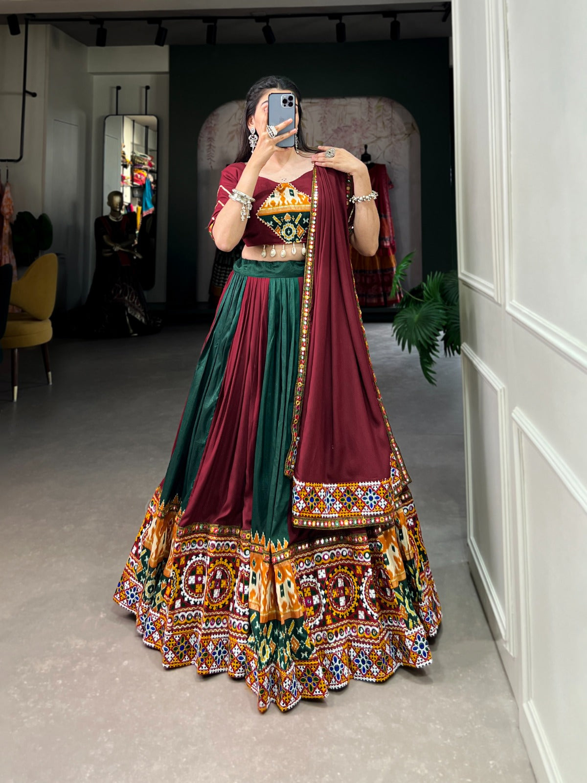 Plain & Printed With Gamthi Work And Original Mirror With Paper Mirror Work Lehenga Choli