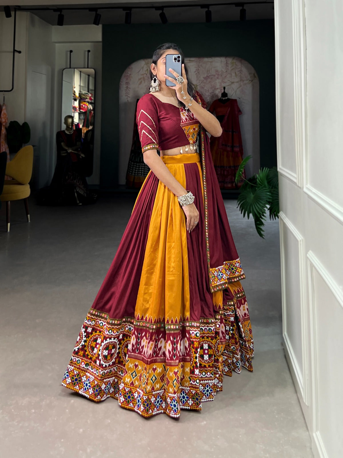 Plain & Printed With Gamthi Work And Original Mirror With Paper Mirror Work Lehenga Choli