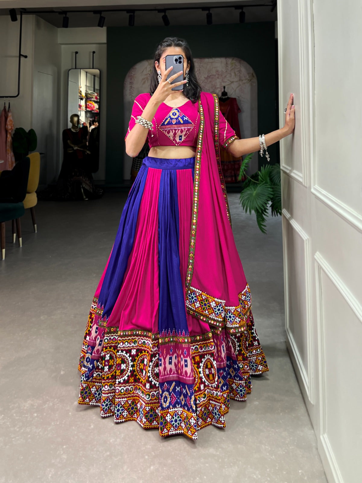 Plain & Printed With Gamthi Work And Original Mirror With Paper Mirror Work Lehenga Choli