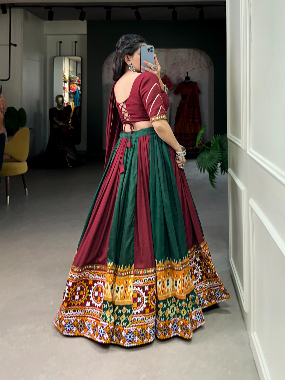 Plain & Printed With Gamthi Work And Original Mirror With Paper Mirror Work Lehenga Choli