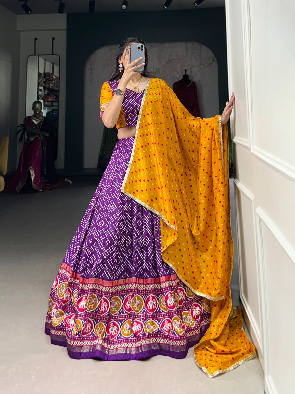 Bandhej And Patola Print With Foil Work on Tussar Silk Lehenga Choli