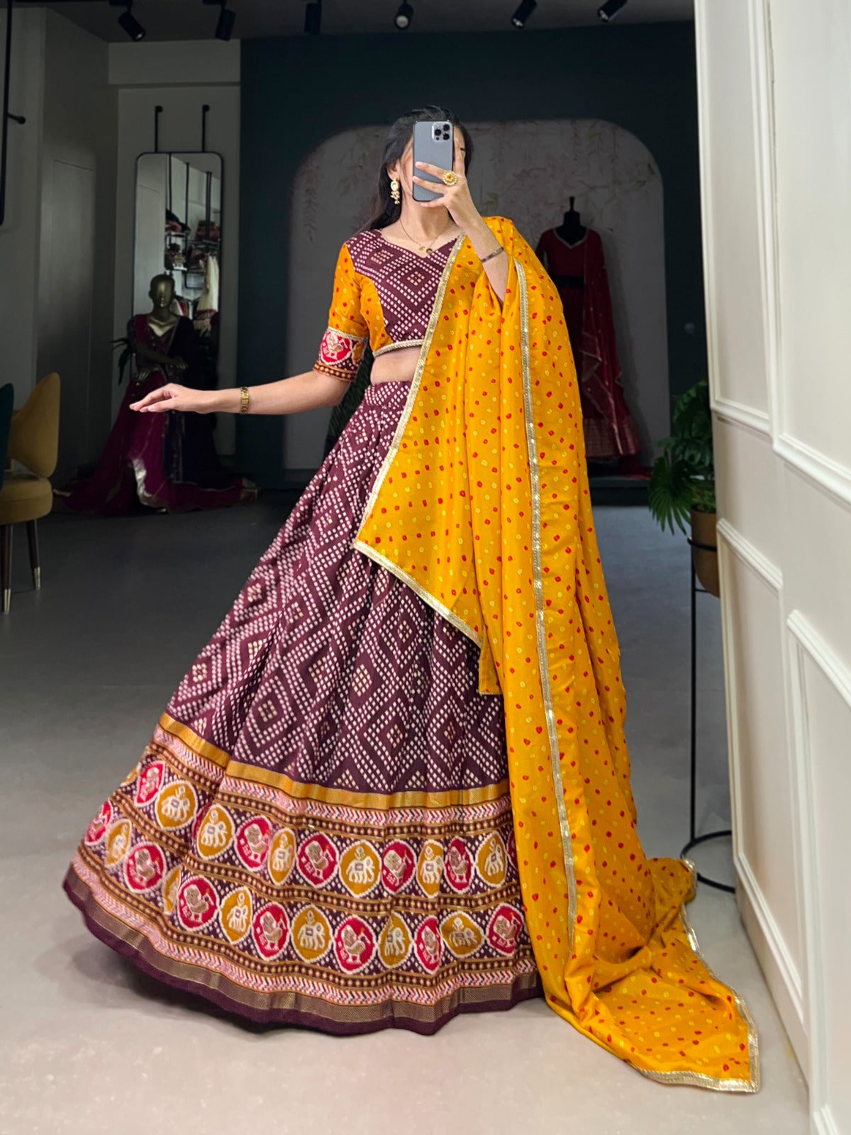 Bandhej And Patola Print With Foil Work on Tussar Silk Lehenga Choli