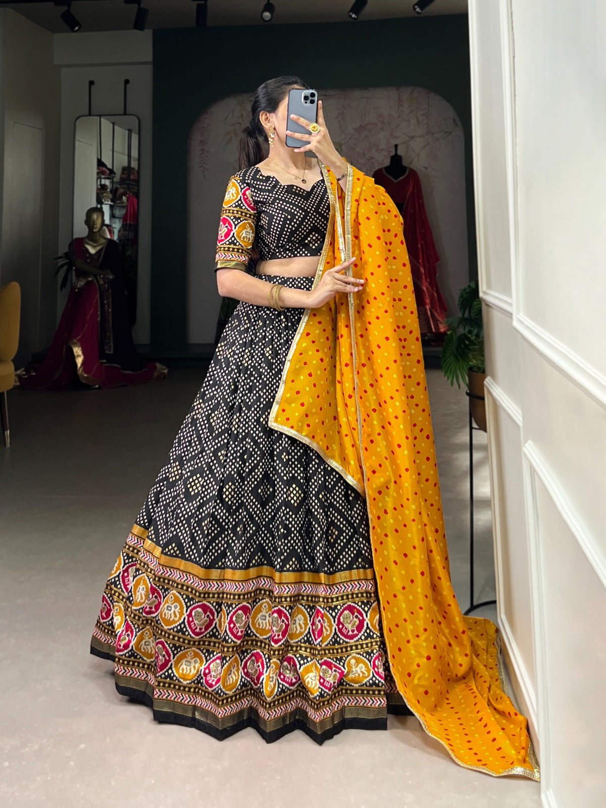 Bandhej And Patola Print With Foil Work on Tussar Silk Lehenga Choli