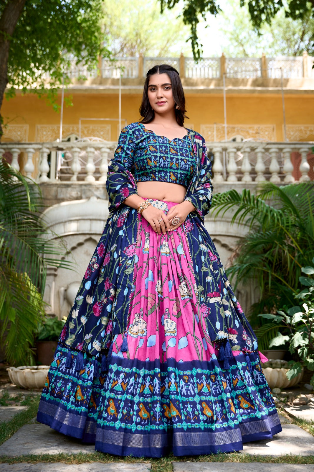 Pichwai and Patola Printed Combination Tussar Silk Lehenga Choli