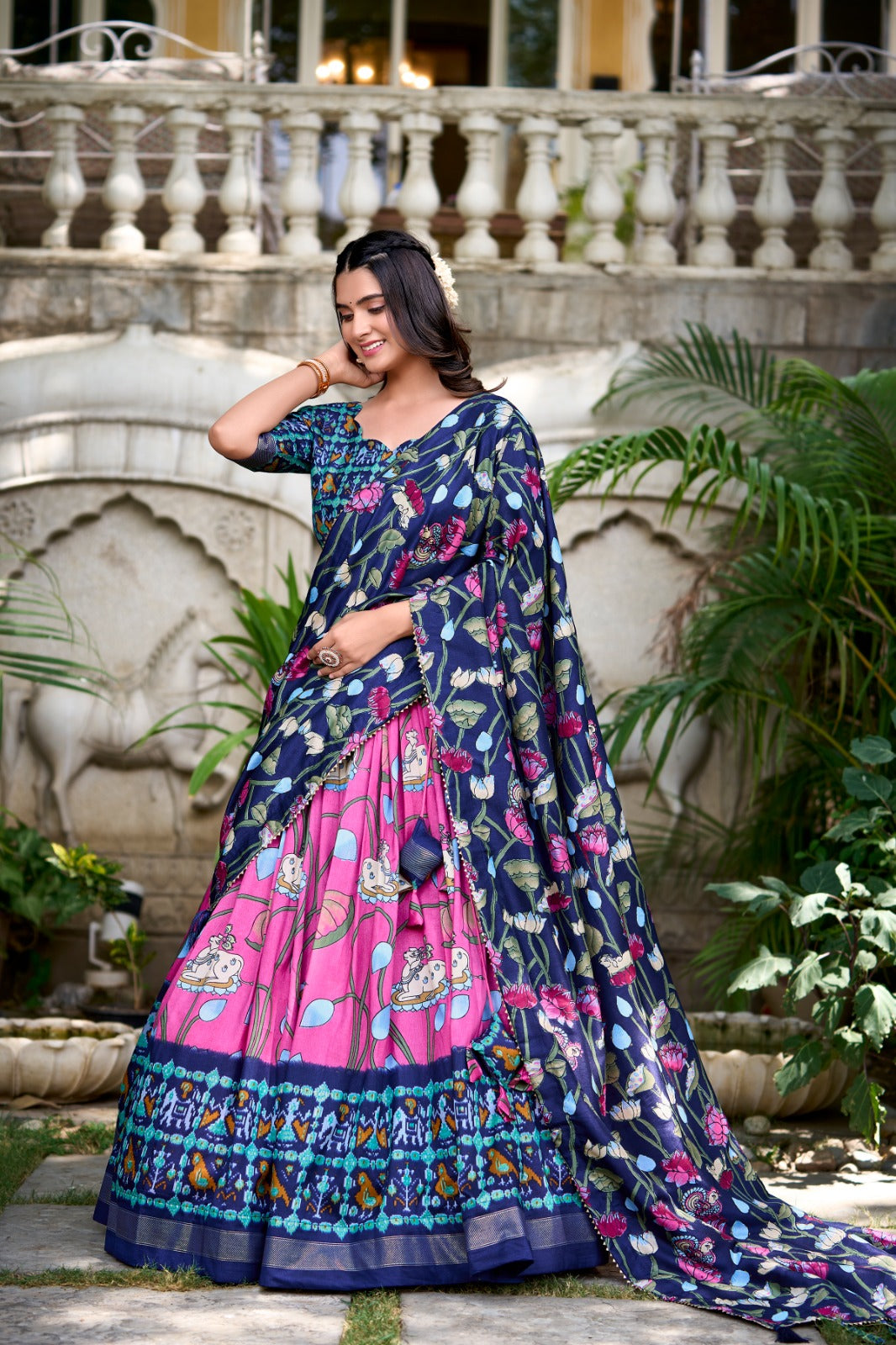 Pichwai and Patola Printed Combination Tussar Silk Lehenga Choli