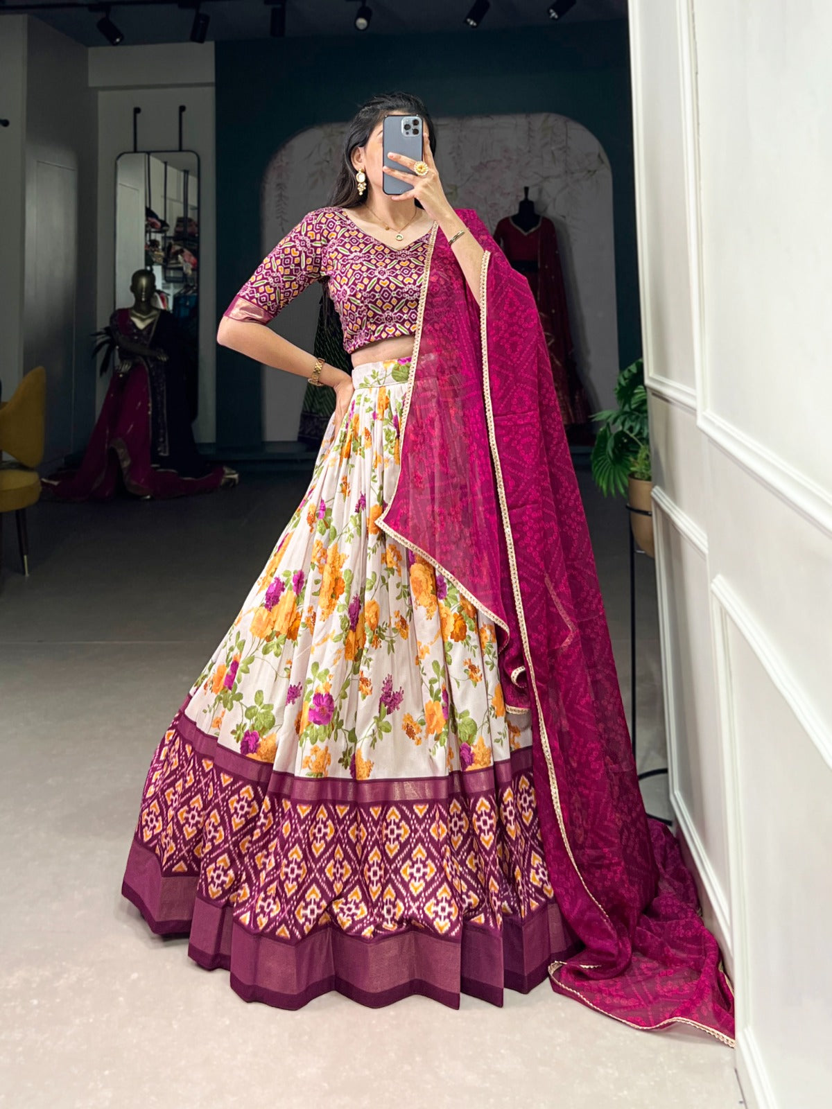 White-Pink Tussar Silk Lehenga Set with Perfect floral and patola print