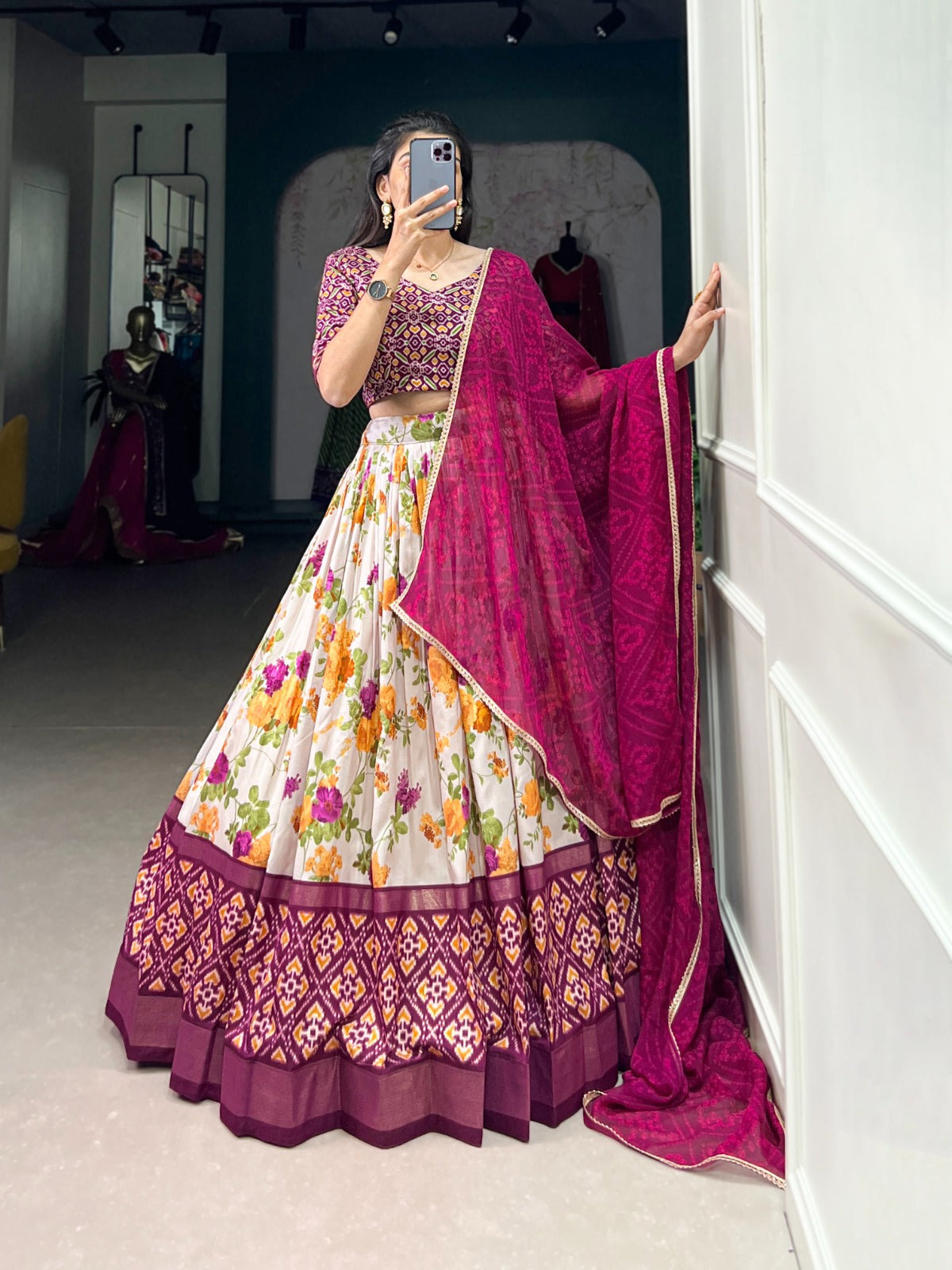 White-Pink Tussar Silk Lehenga Set with Perfect floral and patola print