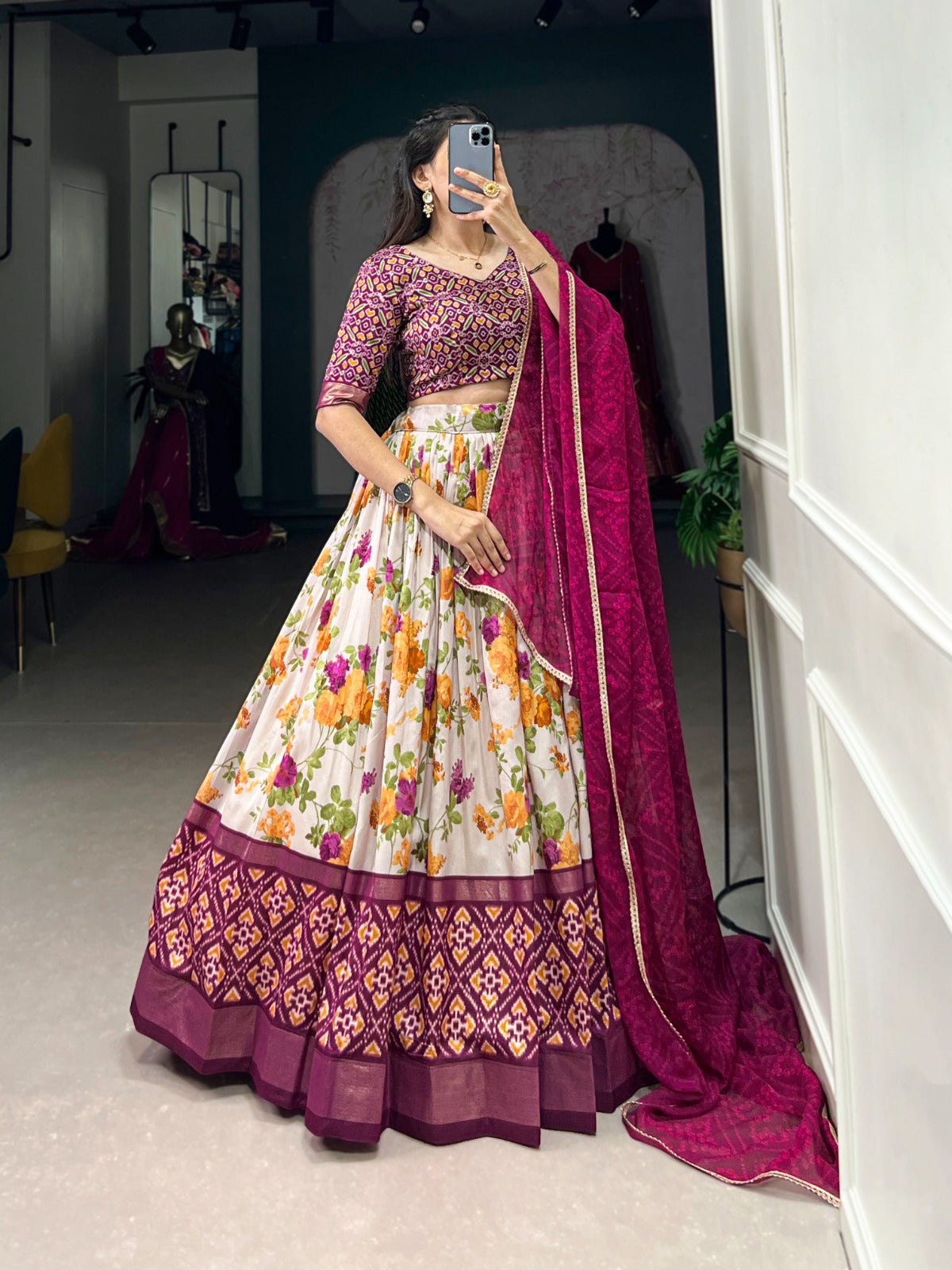 White-Pink Tussar Silk Lehenga Set with Perfect floral and patola print