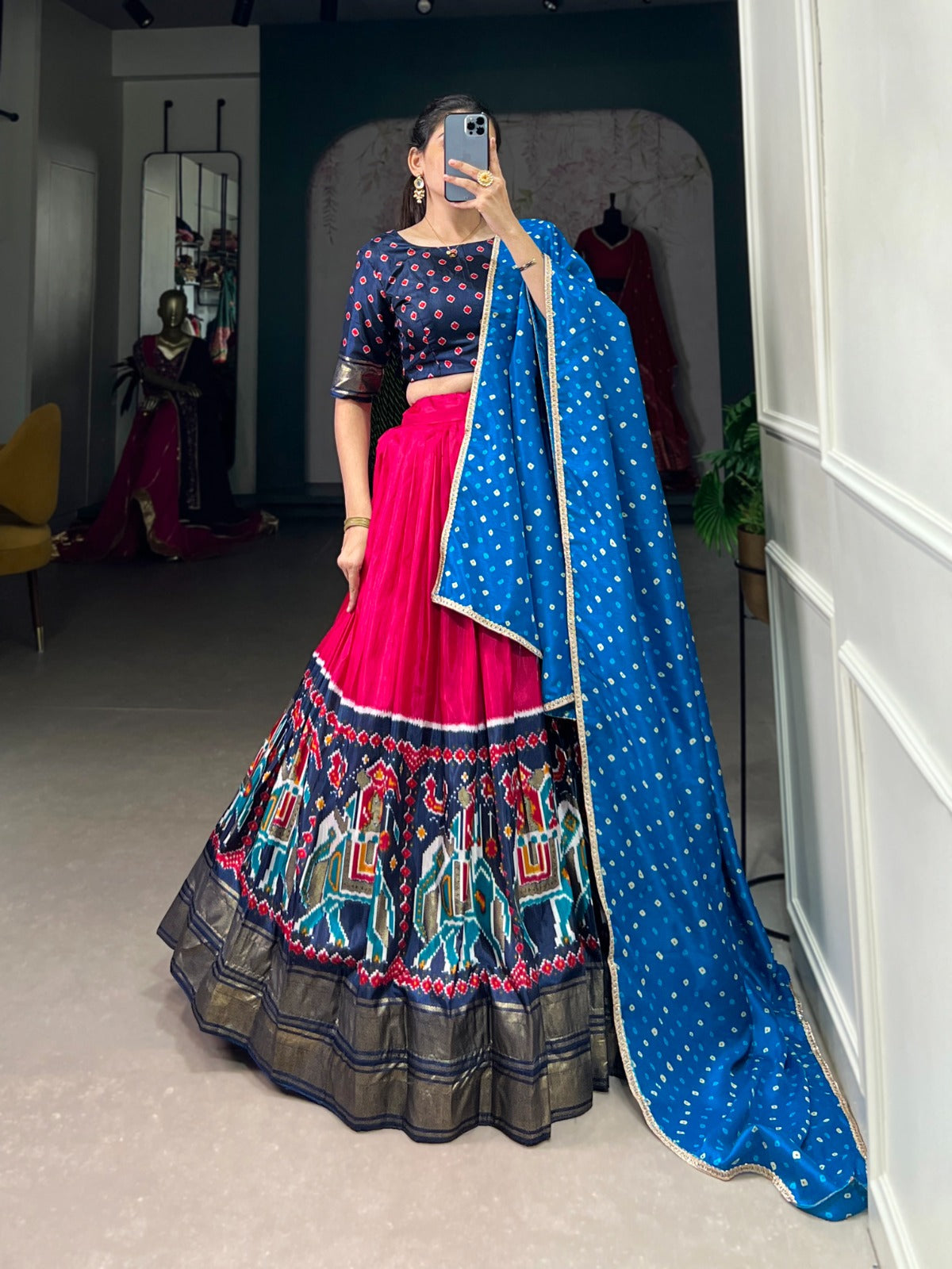 Blue-Pink Dola Silk Lehenga Choli | adorned with traditional Patola prints