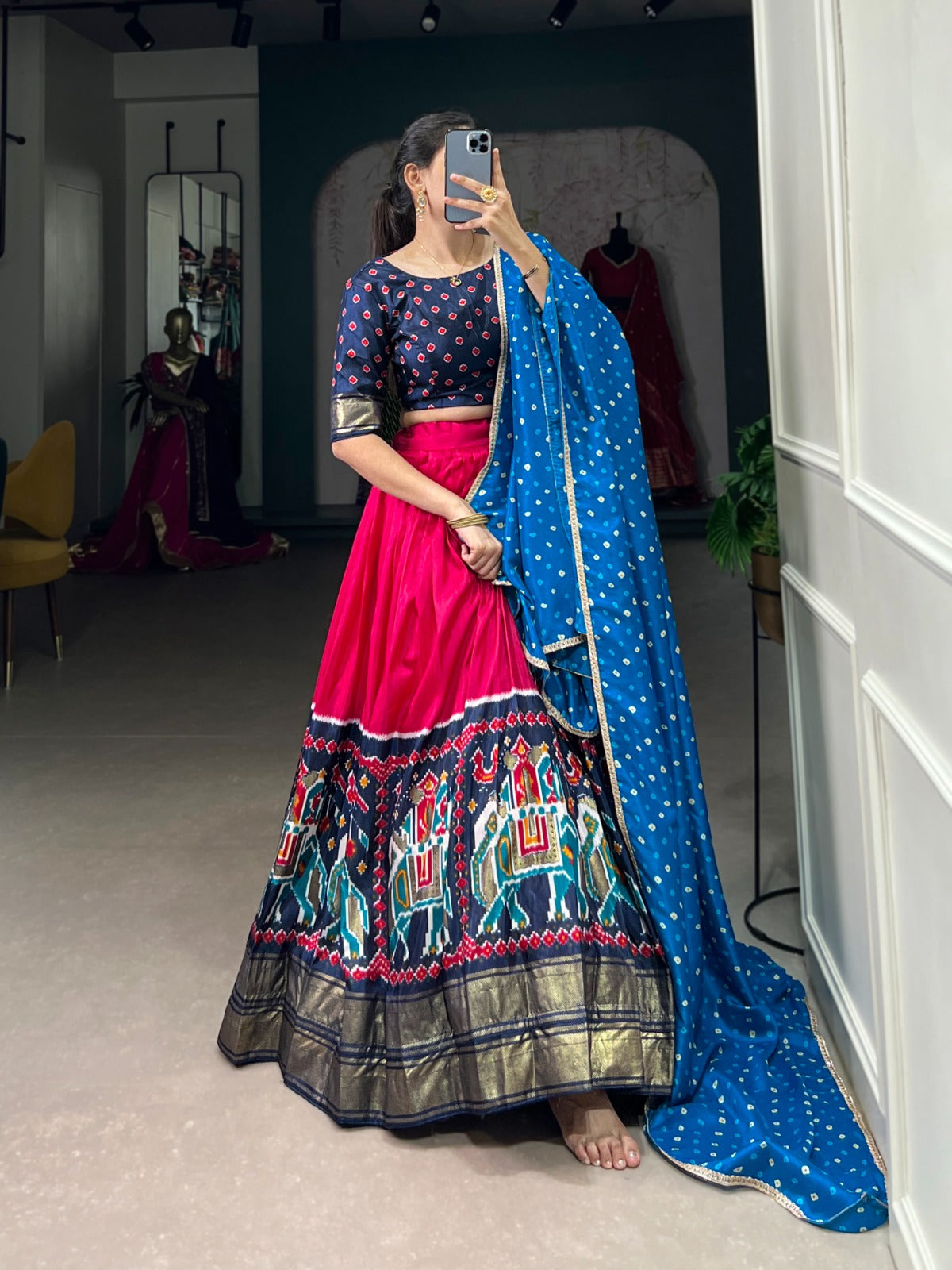 Blue-Pink Dola Silk Lehenga Choli | adorned with traditional Patola prints