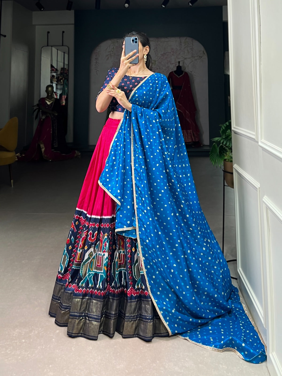 Blue-Pink Dola Silk Lehenga Choli | adorned with traditional Patola prints