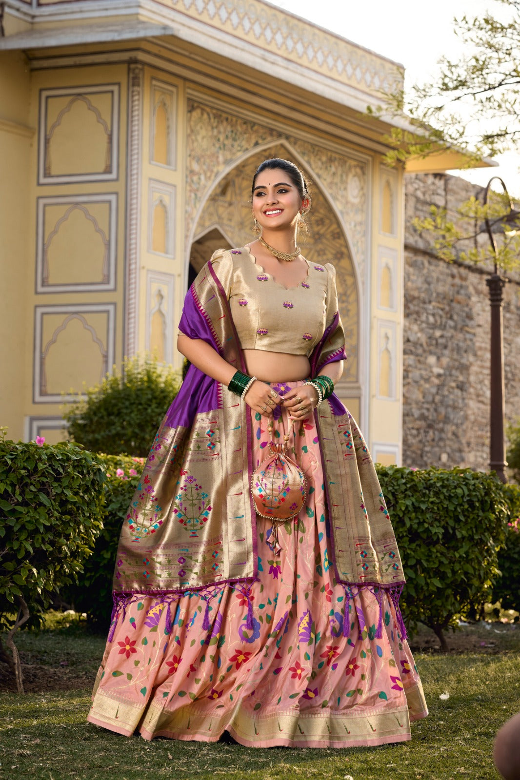 Peachy Jacquard Silk Paithani Lehenga Choli